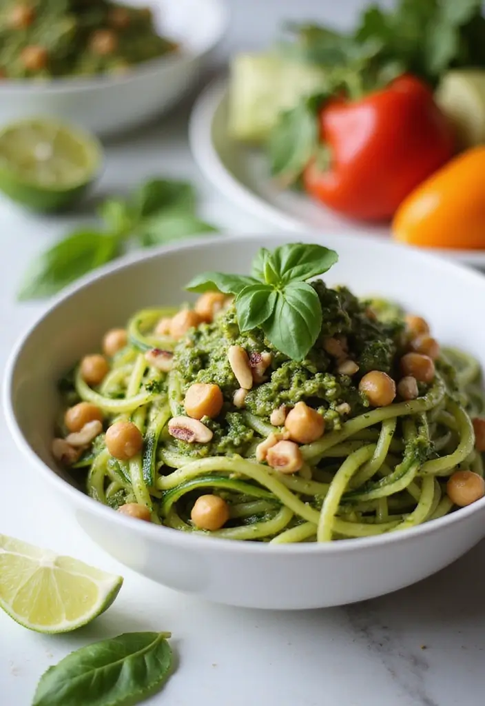 27 Vegetarian High Protein Low Carb Recipes That Taste Great - 1. Zucchini Noodles with Pesto and Chickpeas