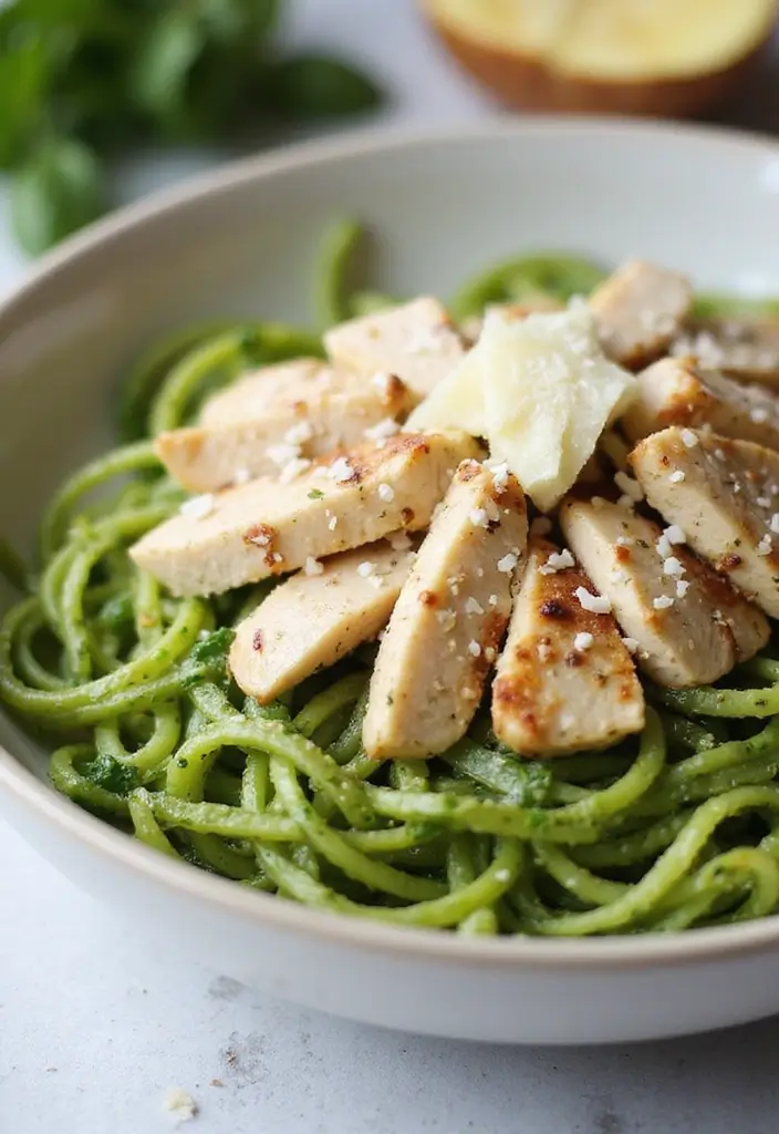 30 High Protein Low Carb Recipes Dinner Ideas 21. Pesto Zoodle Bowl with Grilled Chicken