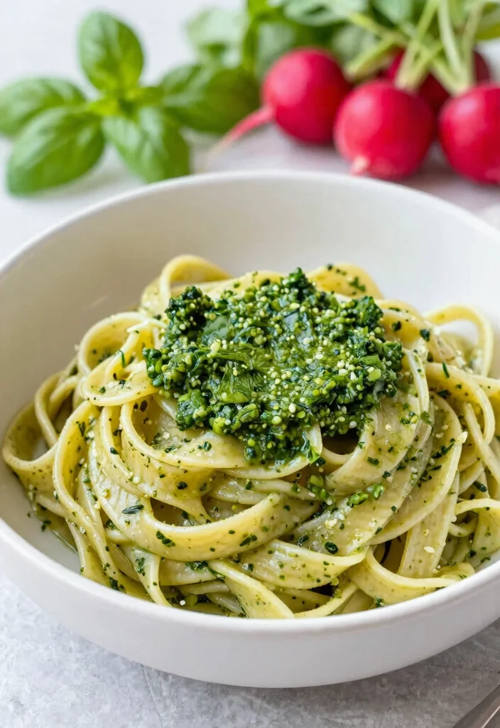 10 Vegan Radish Recipes for Crisp Fresh Dishes - 10. Radish Pesto Pasta 1